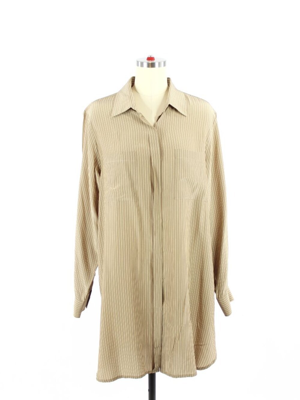 Vintage 90's CHENESSA Tan Pinstripe Silk Crepe Button Down Shirt Dress, Size 12